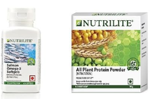 NUTRILITE All Plant Protein Powder, 30 N Sachets 10g Each and Salmon Omega Soft Gels