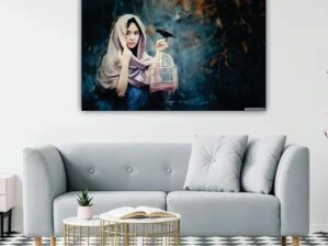 Krsna Arts Unframed Rolled Art Print|| Beautiful Women with Bird Cage Canvas Wall Art Print for Home Décor And Office||Unframed canvas Painting For Wall decor||Home wall and Office Interior