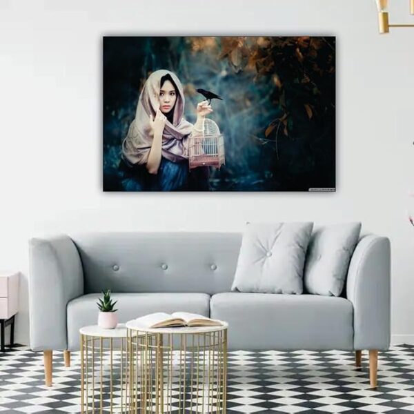Krsna Arts Unframed Rolled Art Print|| Beautiful Women with Bird Cage Canvas Wall Art Print for Home Décor And Office||Unframed canvas Painting For Wall decor||Home wall and Office Interior