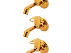 Matt Moon Brass Bib Cock Short Body, Bathroom Tap, with Wall Flange, Chrome Finish, Smooth Operating Handle, Long Lasting Warranty, Durable Water Tap for Bathroom (Gold) (Pack of 3)