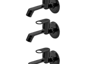 Matt Moon Brass Bib Cock Short Body, Bathroom Tap, with Wall Flange, Chrome Finish, Smooth Operating Handle, Long Lasting Warranty, Durable Water Tap for Bathroom (Black) (Pack of 3)