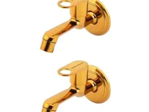 Matt Moon Brass Bib Cock Short Body, Bathroom Tap, with Wall Flange, Chrome Finish, Smooth Operating Handle, Long Lasting Warranty, Durable Water Tap for Bathroom (Gold) (Pack of 2)