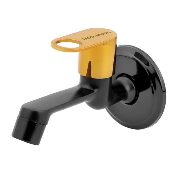Matt Moon Brass Bib Cock Short Body, Bathroom Tap, with Wall Flange, Chrome Finish, Smooth Operating Handle, Long Lasting Warranty, Durable Water Tap for Bathroom (Black and Gold)