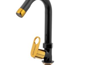 Matt Moon Brass Table/Deck-Mounted Swan Neck Taps for Bathroom Wash Basin with Foam Flow, Washbasin Tap with Flange and Teflon Tape (Black and Gold) Pack of 1