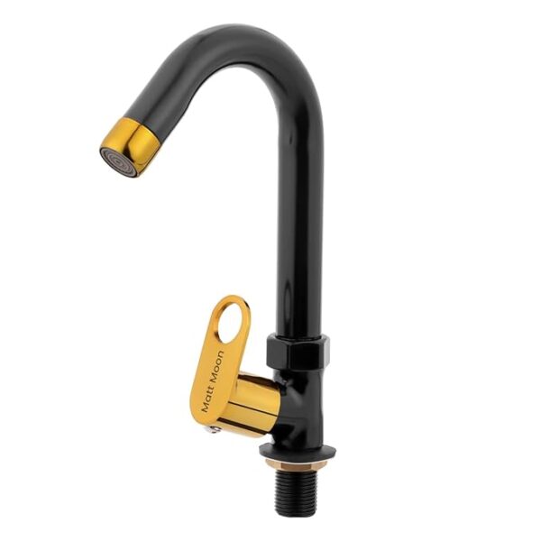 Matt Moon Brass Table/Deck-Mounted Swan Neck Taps for Bathroom Wash Basin with Foam Flow, Washbasin Tap with Flange and Teflon Tape (Black and Gold) Pack of 1