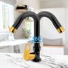 Matt Moon Brass Table/Deck-Mounted Swan Neck Taps for Bathroom Wash Basin with Foam Flow, Washbasin Tap with Flange and Teflon Tape (Black and Gold) Pack of 1 - Image 3