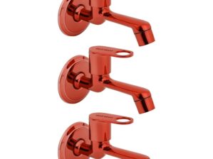 Matt Moon Brass Bib Cock Short Body, Bathroom Tap, with Wall Flange, Chrome Finish, Smooth Operating Handle, Long Lasting Warranty, Durable Water Tap for Bathroom (Maroon) (Pack of 3)