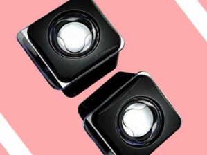 Krutic-e-02bCompact USB Powered Computer Speakers, Black, Square Desktop Design with LED Light, Stereo Sound, 2 Piece Set