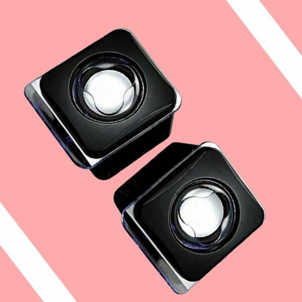 Krutic-e-02bCompact USB Powered Computer Speakers, Black, Square Desktop Design with LED Light, Stereo Sound, 2 Piece Set